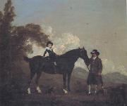 Thomas, A Child on A Hunter Held by a Groom and Tow Terriers in a Landscape